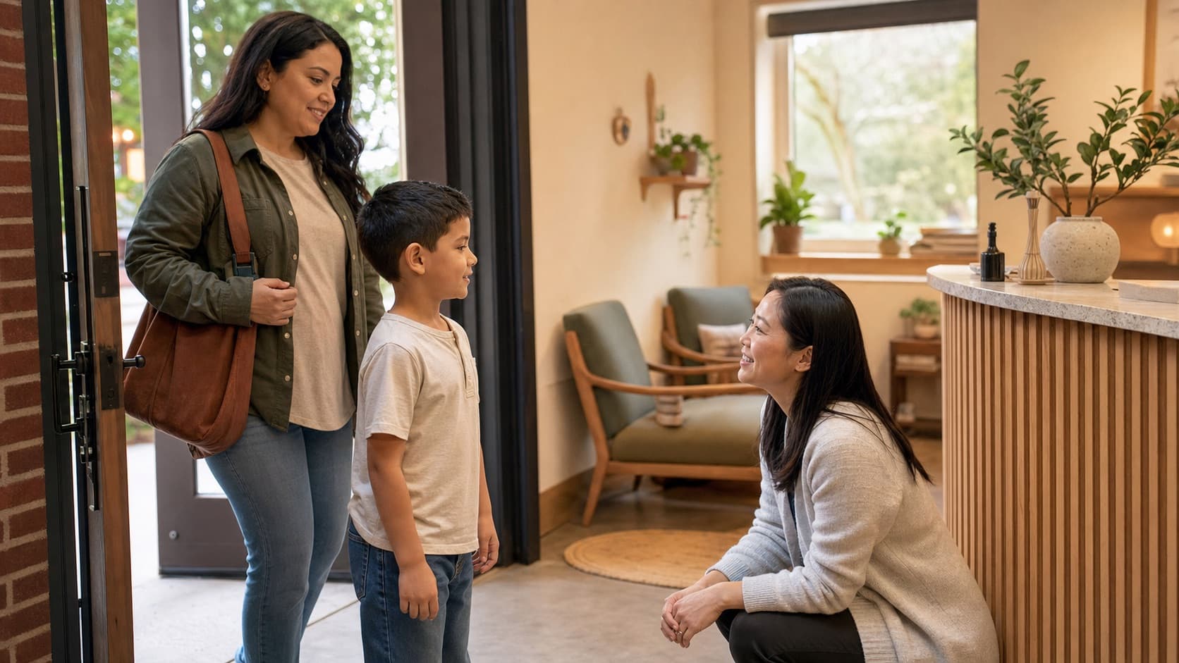 A mother and child receiving a warm personal welcome at a family chiropractic practice