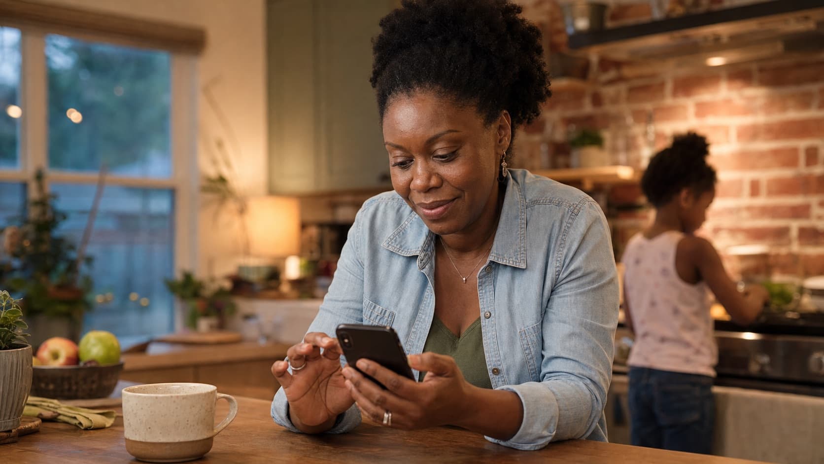 A mom sharing something meaningful from her phone while her child is nearby